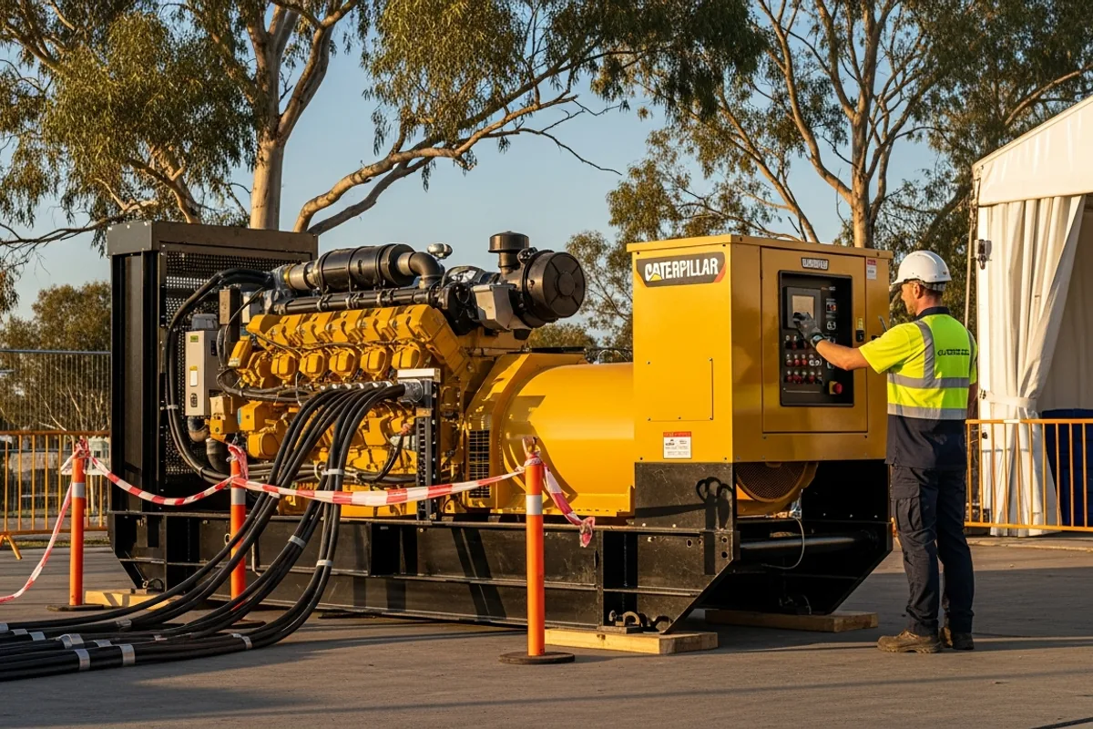 Industrial generator powering construction site with technician monitoring control panel