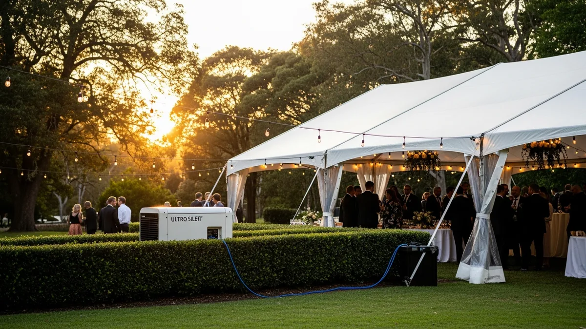 Silent canopy generator powering outdoor wedding reception at sunset in Sydney park