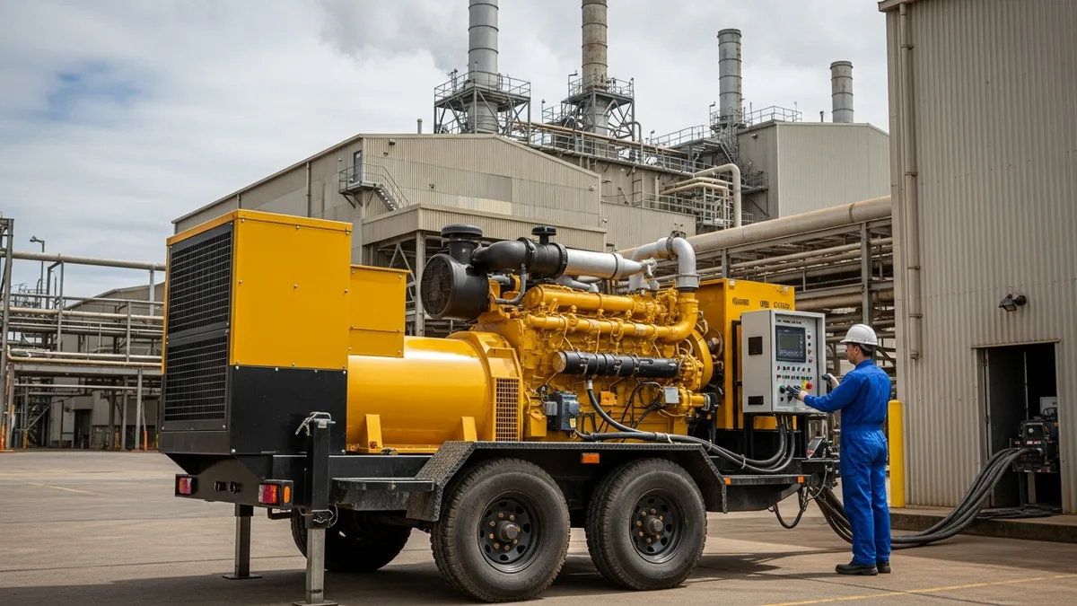 Large trailer-mounted industrial generator powering manufacturing plant in Australia