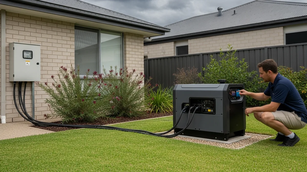 Compact residential generator connected to suburban house during storm power outage